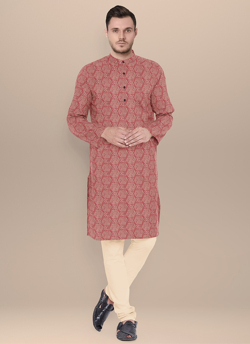 Mauve Art Silk N Cream Kurta Pyjama Set