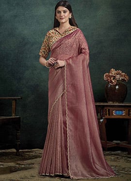 Mauve Banarasi Zari Silk Stones Hand Embroidered Saree
