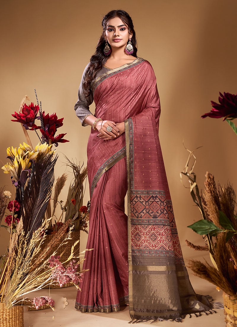 Mauve Butti Tussar Silk Jacquard Zari Saree Festive Wear