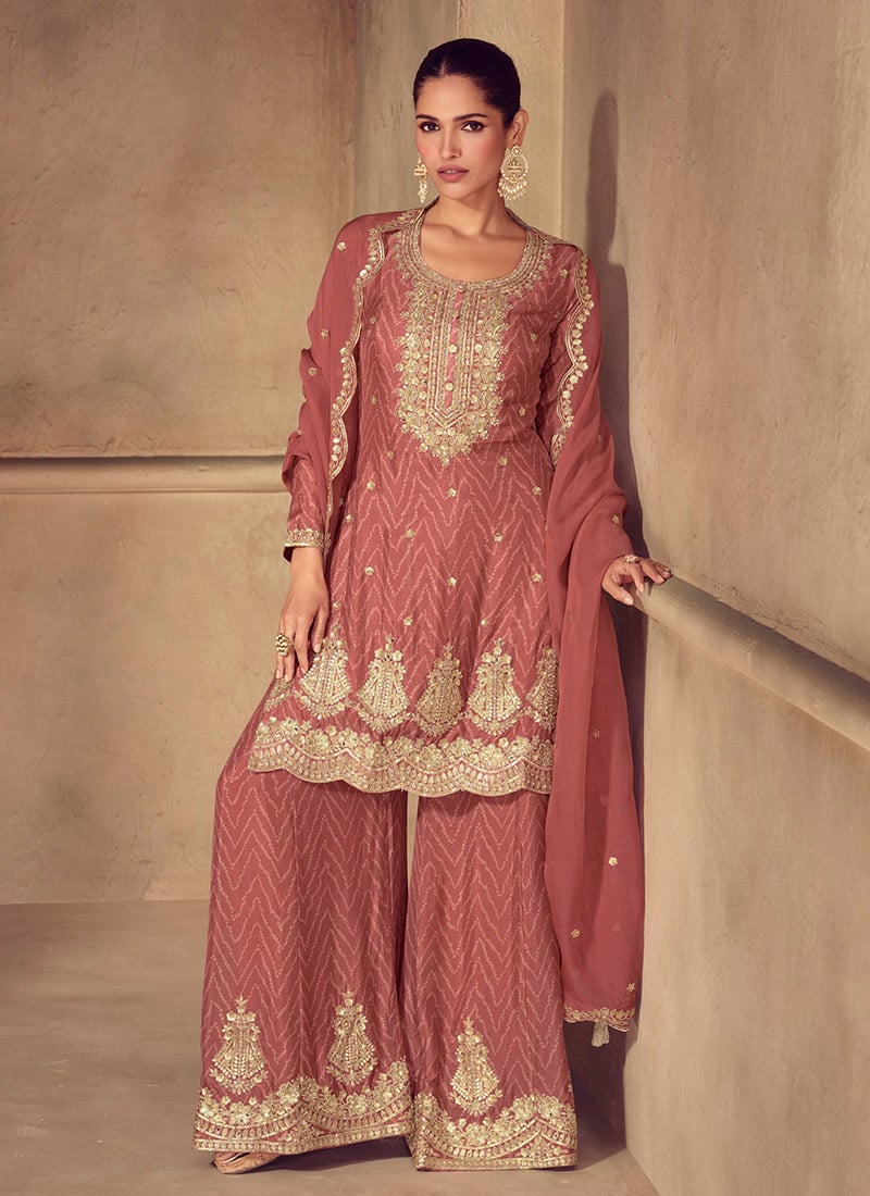 Mauve Chinon Bandhini Print Zari Embroidered Sequins Palazzo Suit