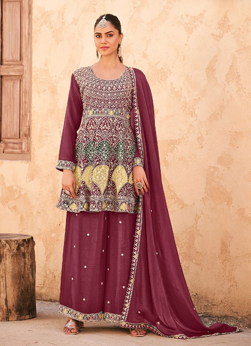 Dark Mauve Chinon Embroidered Sequins A Line Palazzo Suit
