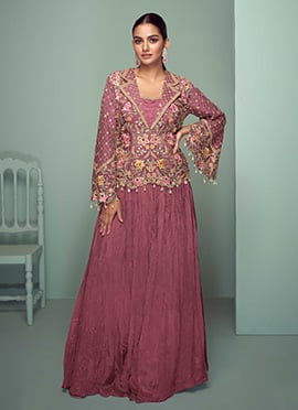 Mauve Chinon Embroidered Sequins With Stone And Mirror Work Indowestern Skirt Set