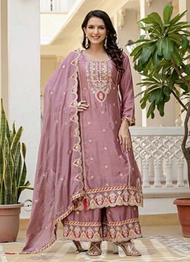 Mauve Chinon Silk Embroidered Sequins Palazzo Suit