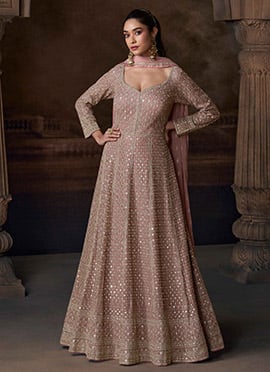 Mauve Chinon Silk Zari Embroidered Sequins Gota A Line Anarkali Suit
