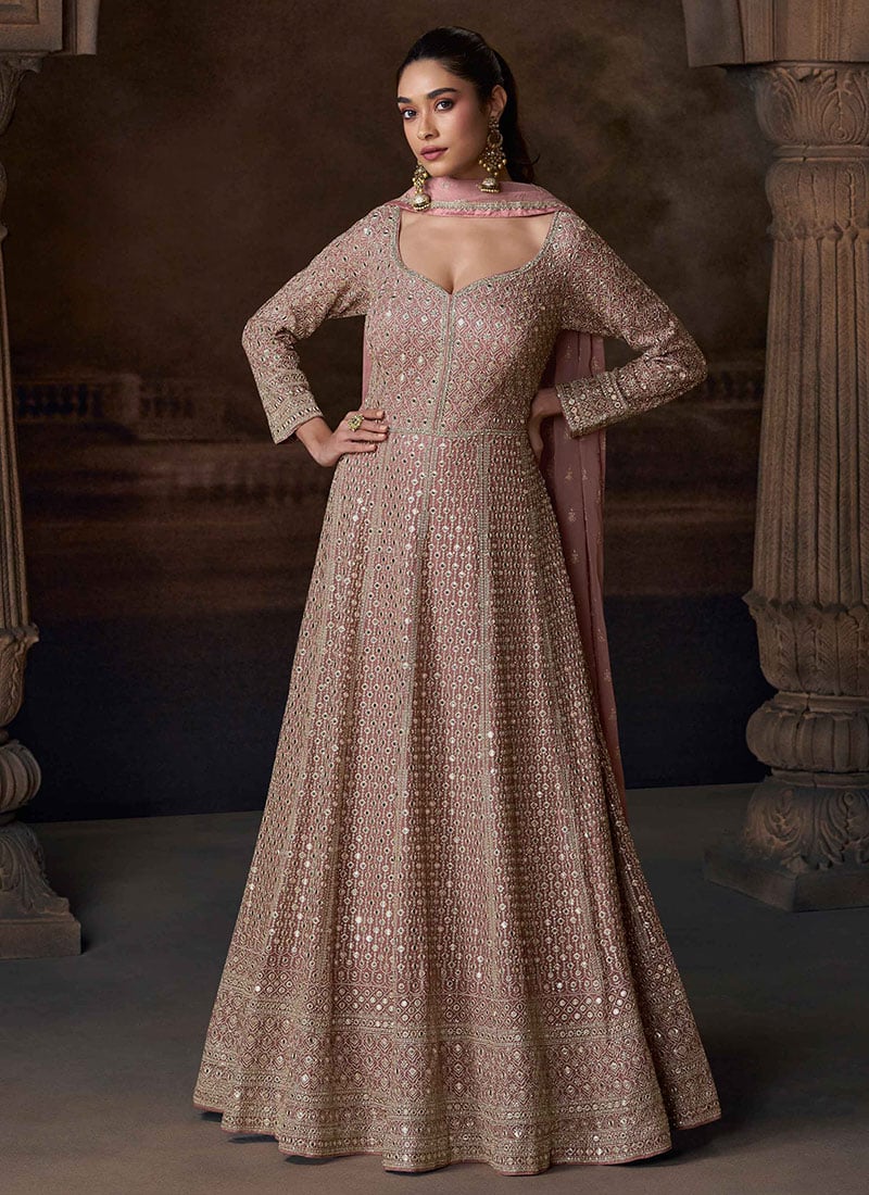 Mauve Chinon Silk Zari Embroidered Sequins Gota And Mirror Work A Line Anarkali Suit