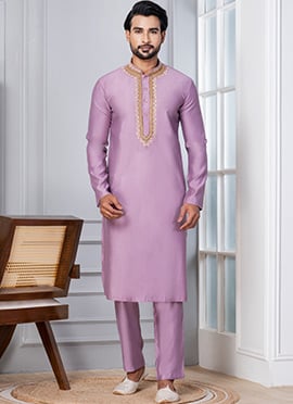 Mauve Cotton Beads Work Kurta Pyjama
