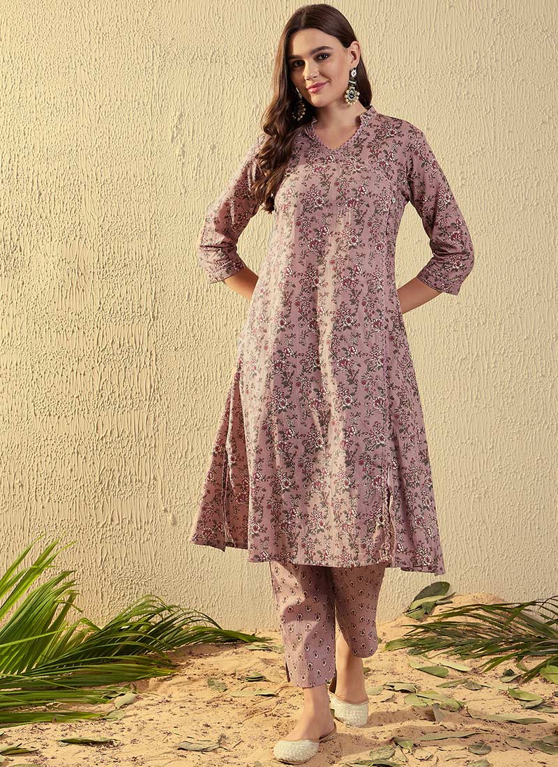 Mauve Cotton Floral Print Kurta Straight Pant Suit