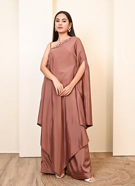 Mauve Crepe Mirror Work Lace Indowestern Kaftan Set