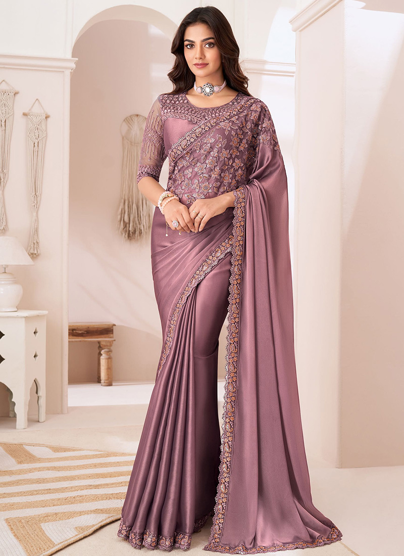 Mauve Embroidered And Sequins With Beads Thread Work Saree Festive Wear