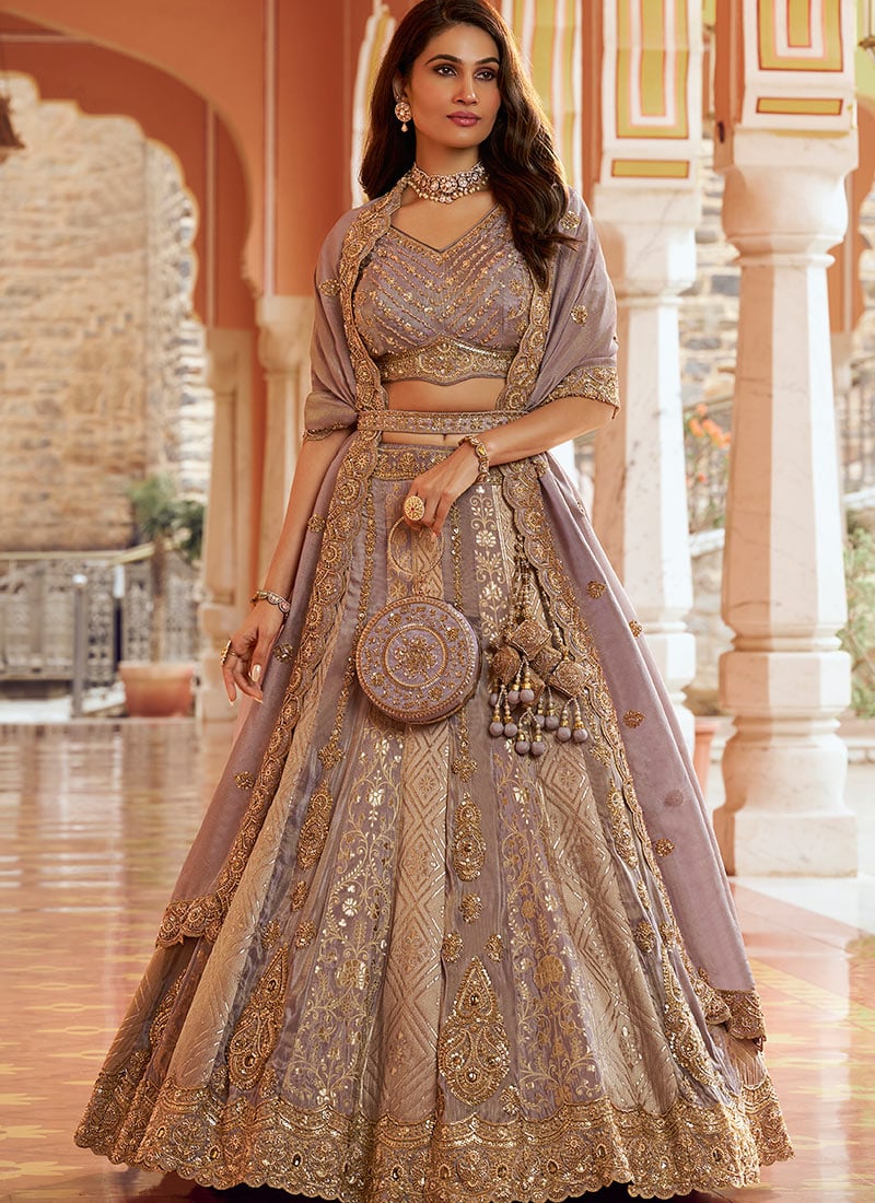 Mauve Embroidered Zari Sequins With Stone Work Banarasi Silk Lehenga Wedding Wear