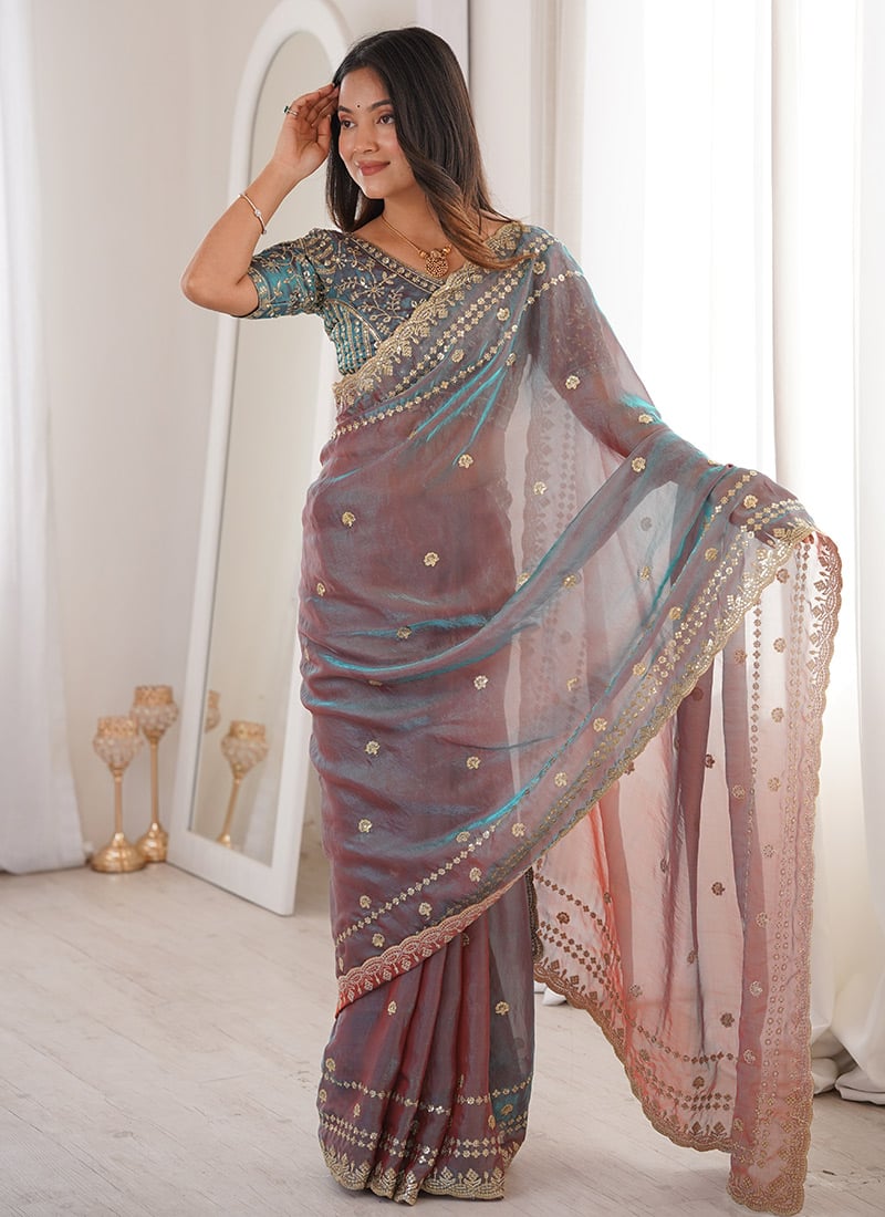 Mauve Fandy Silk Embroidered Sequins Saree Festive Wear