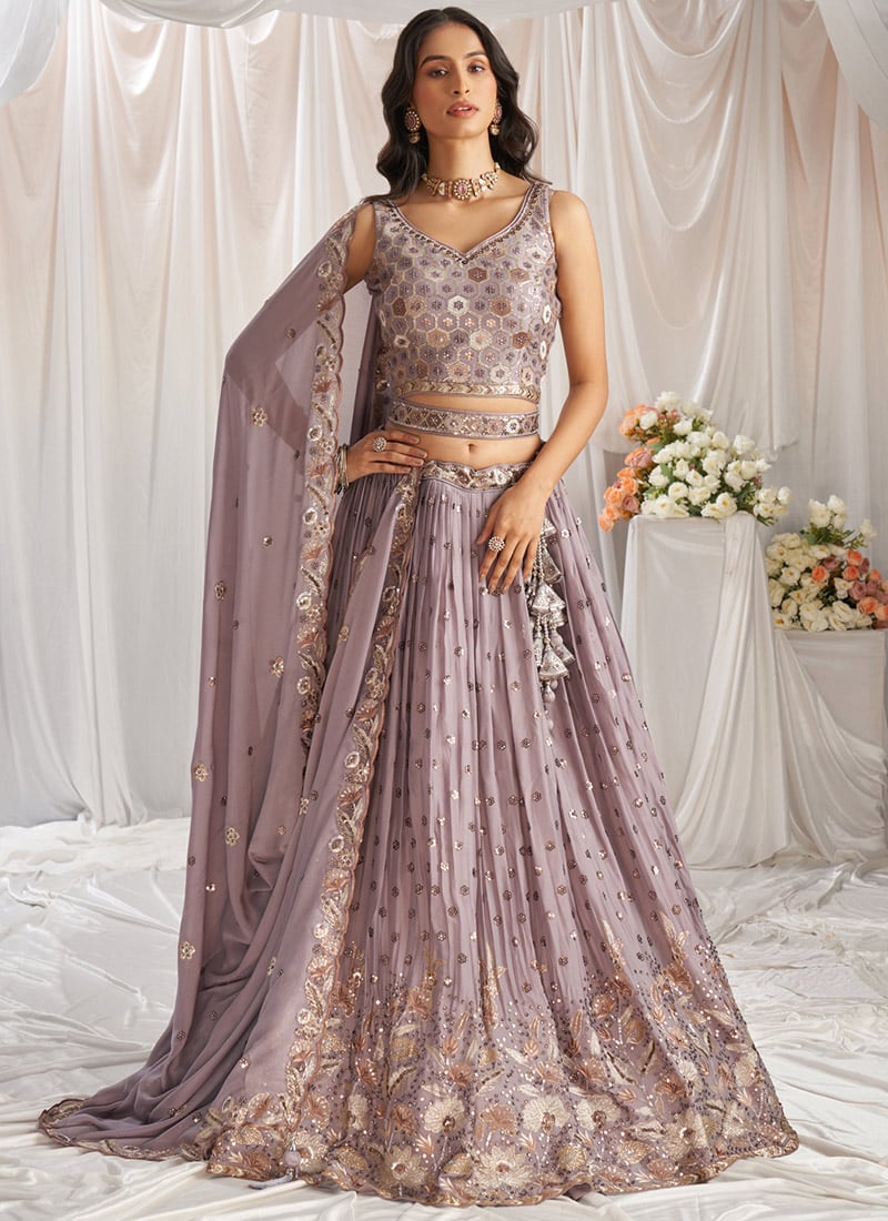 Mauve Faux Georgette Cord Work Emboidered Sequins Lehenga Wedding Wear