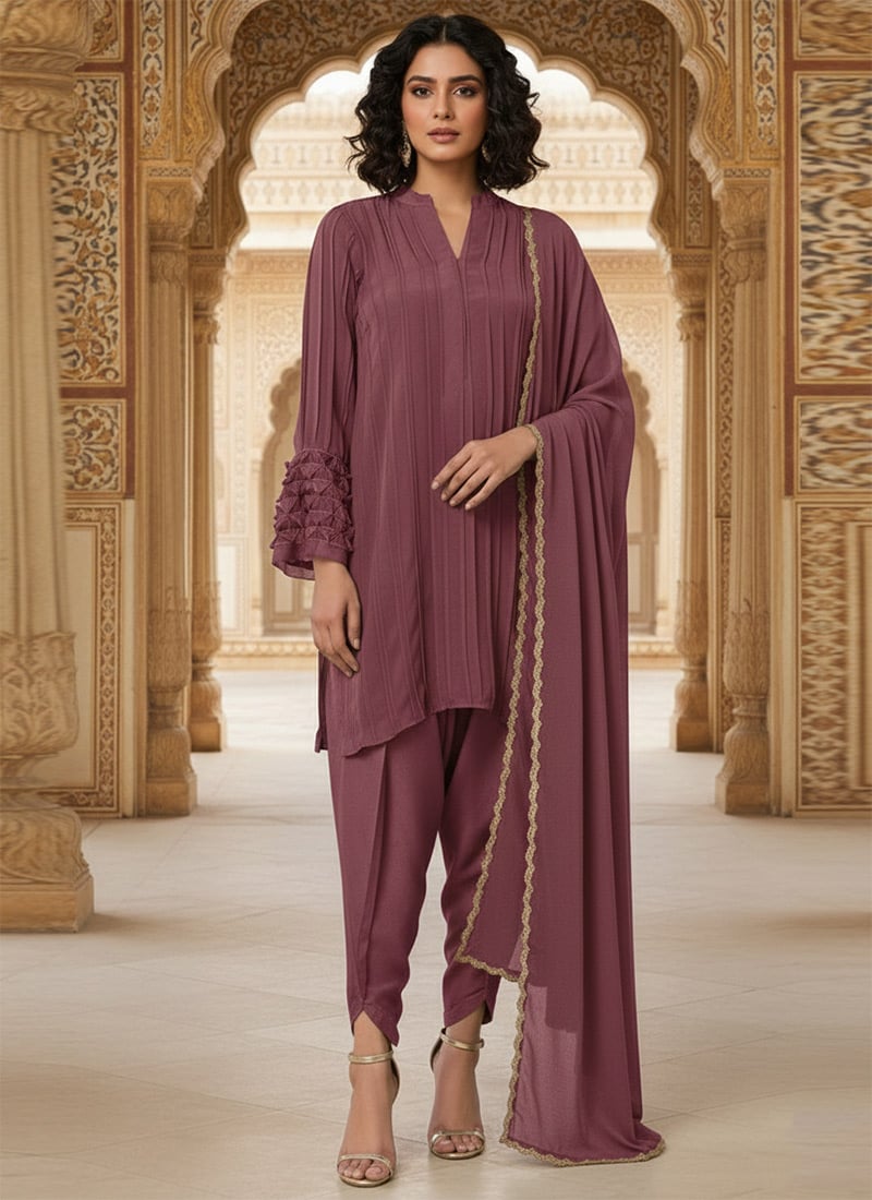 Mauve Faux Georgette Dhoti Style Salwar Suit Festive Wear
