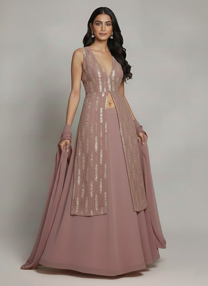 Mauve Faux Georgette Embroidered Sequins A Line Lehenga Wedding Wear
