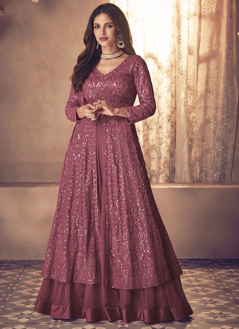 Mauve Faux Georgette Long Choli A Line Lehenga With Embroidered And Sequins