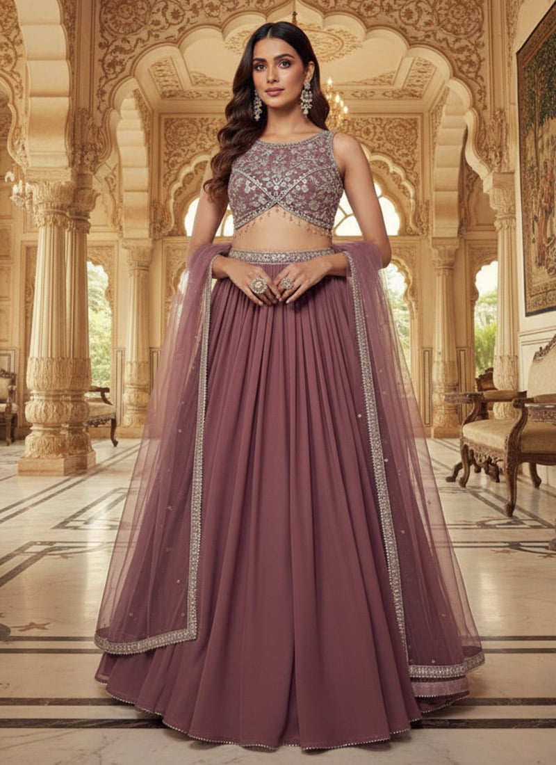 Mauve Faux Georgette Sequins Zari Stones Work Lehenga Wedding Wear