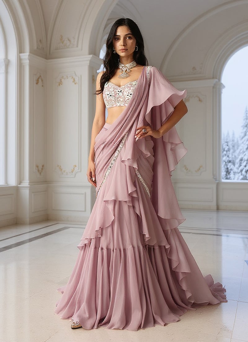 Mauve Faux Georgette Zari Mirror Hand Embroidered Lehenga Saree