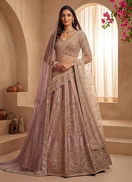 Mauve Gadhwal Silk Hand Embroidered Sequins Lehenga