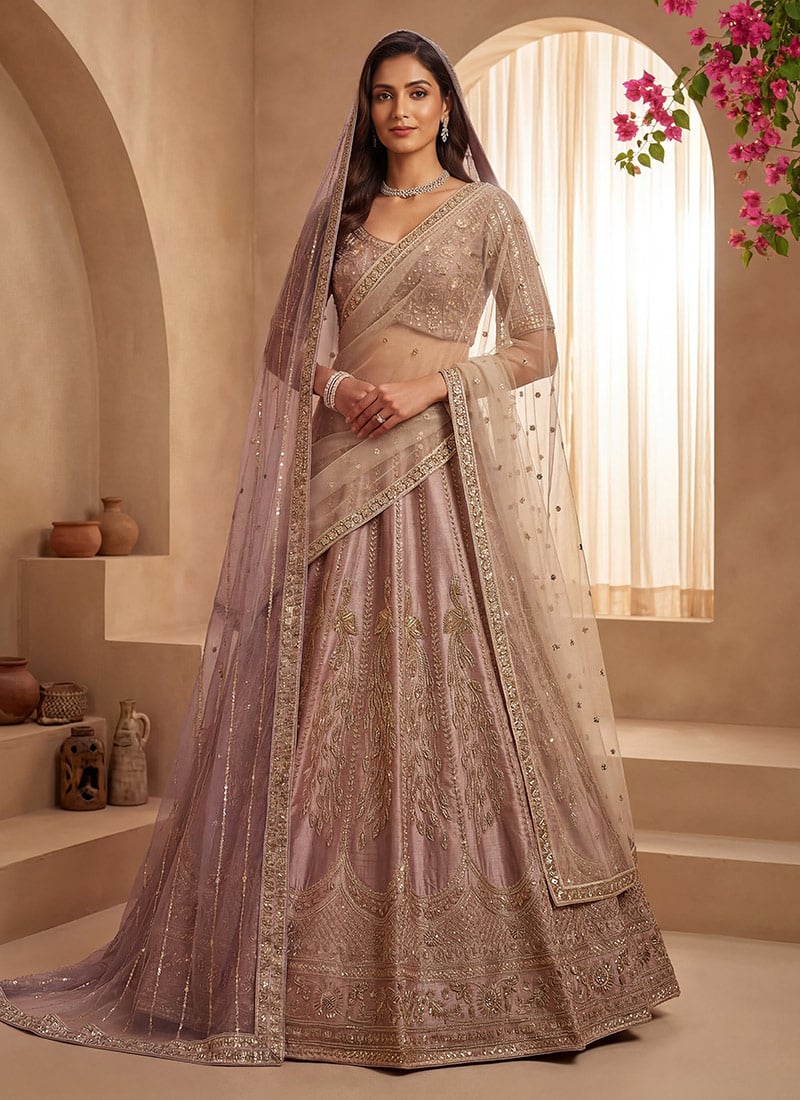 Mauve Gadhwal Silk Hand Embroidered Sequins Lehenga Wedding Wear