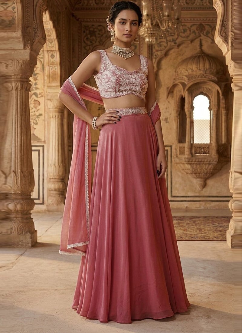 Mauve Georgette Beads Hand Embroidered Lehenga Wedding Wear