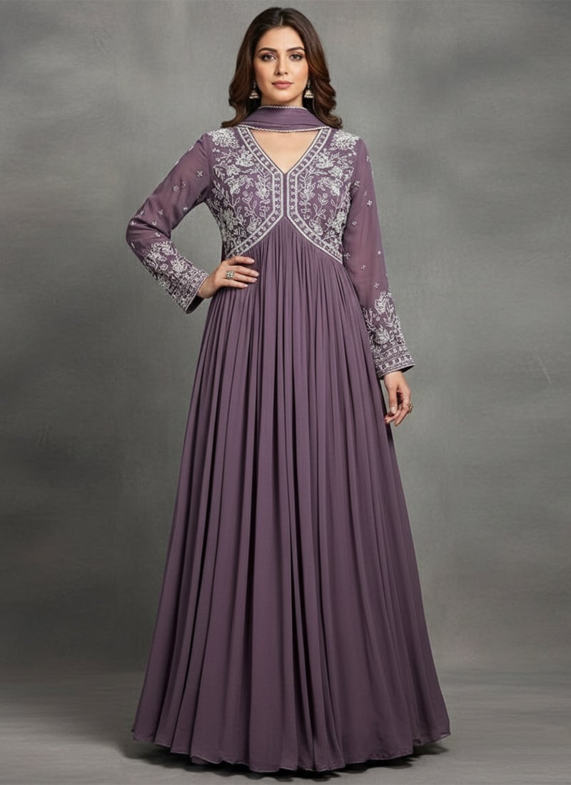 Mauve Georgette Beads Hand Work A Line Anarkali Suit Wedding Wear