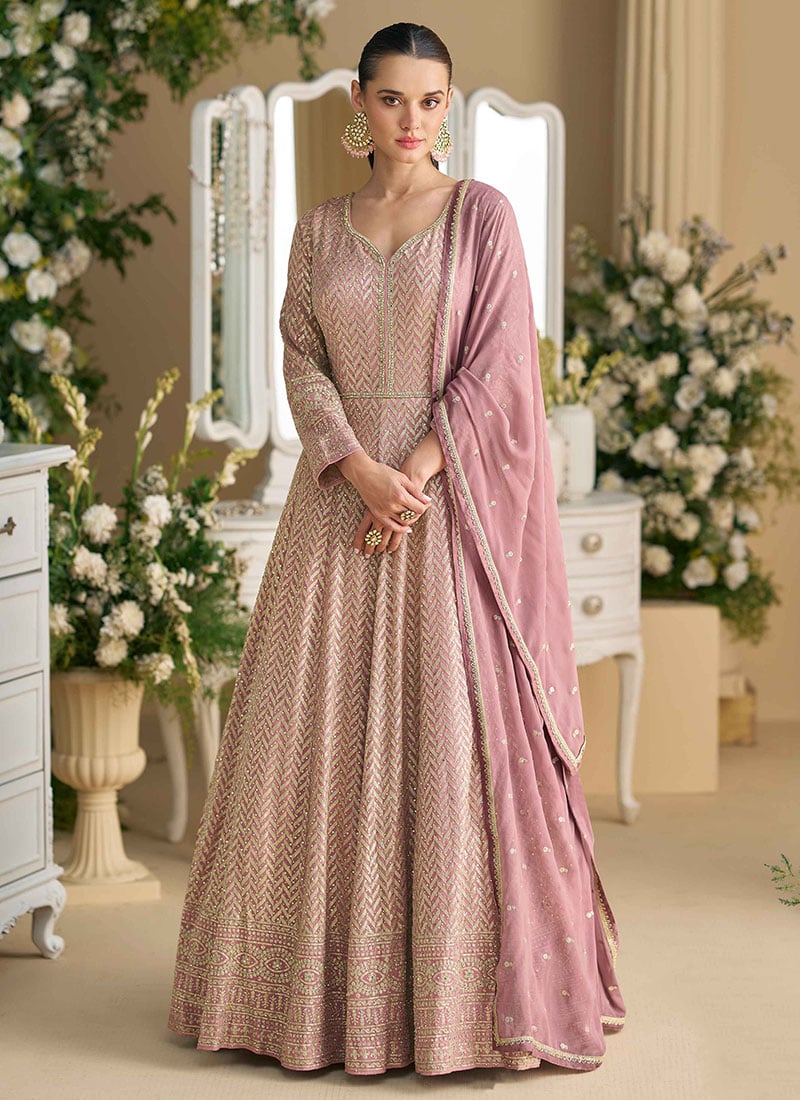 Mauve Georgette Embroidered Sequins Stone And Beads Work A Line Anarkali Suit Wedding Wear