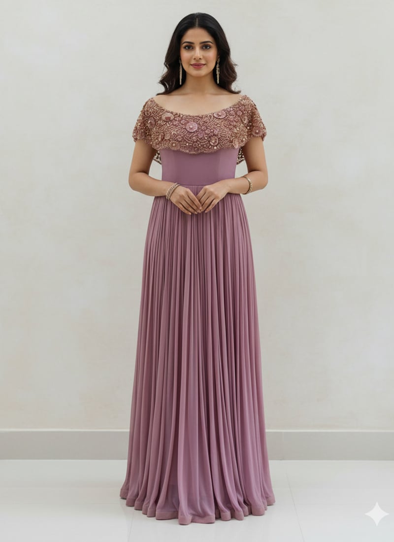 Mauve Georgette Gown With Beaded Cape Style Stylish Gown After Six Wear