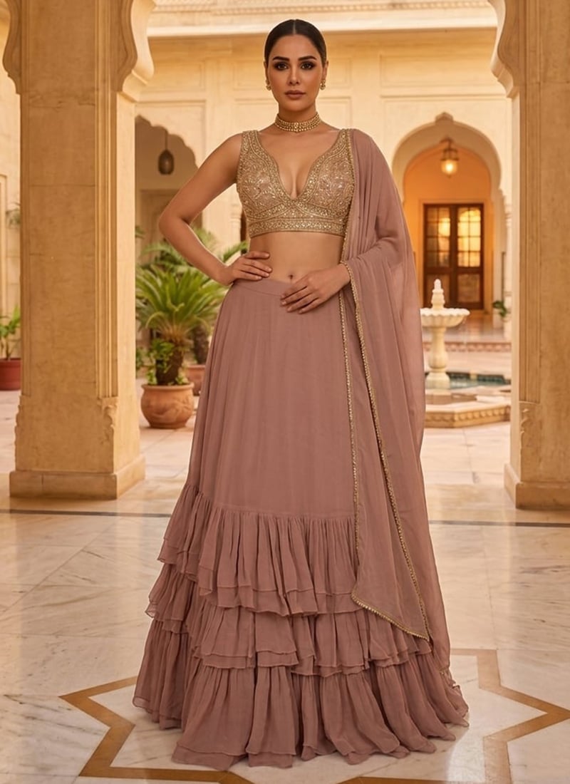 Mauve Georgette Hand Embroidered Lehenga Wedding Wear