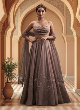 Mauve Georgette Hand Embroidered Sequins Lehenga