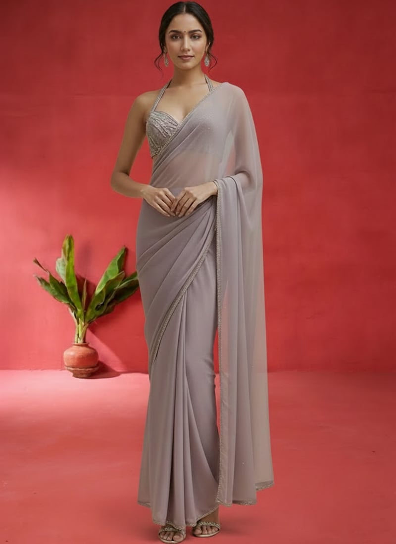 Mauve Georgette Hand Embroidered Sequins Saree Festive Wear