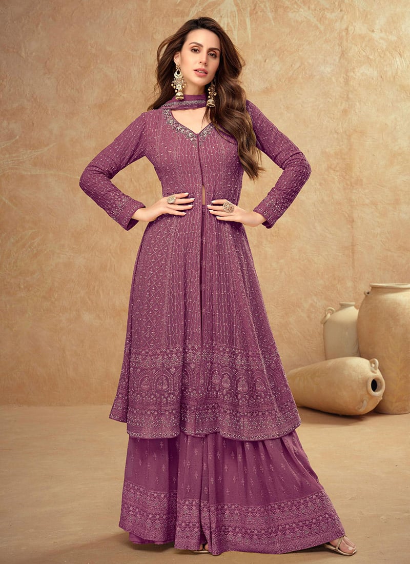 Mauve Georgette Hand Work Embroidered And Sequins Palazzo Suit Wedding Wear