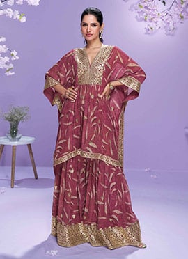Mauve Georgette Printed Embroidered With Gota Work Indowestern Kaftan Sharara Set