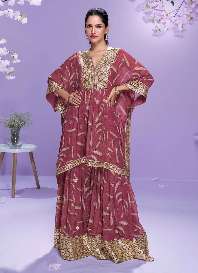 Mauve Georgette Printed Embroidered With Gota Work Indowestern Kaftan Sharara Set  Festive Wear