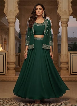Green Georgette Sequins Beads Indowestern Skirt Set With Jacket