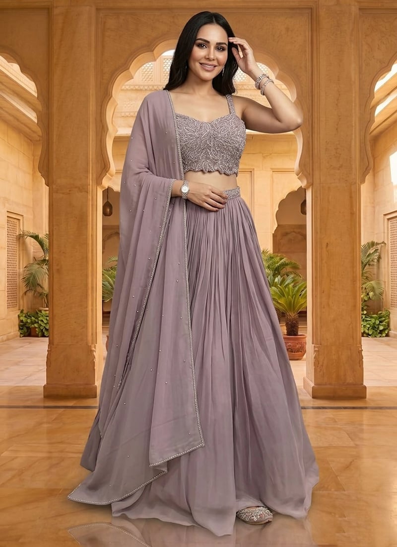 Mauve Georgette Sequins Hand Embroidered Lehenga Wedding Wear