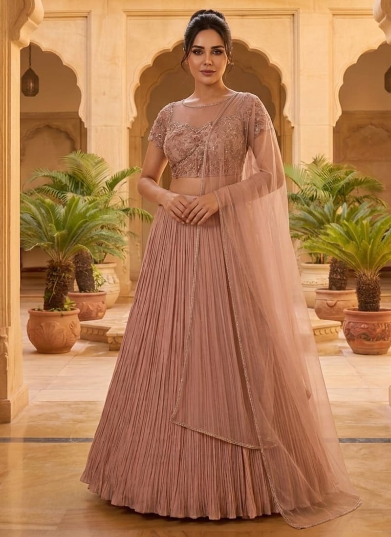 Mauve Georgette Sequins Hand Embroidered Lehenga Wedding Wear
