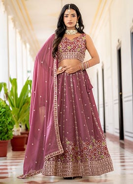Mauve Georgette Zari Embroidered Sequins Lehenga