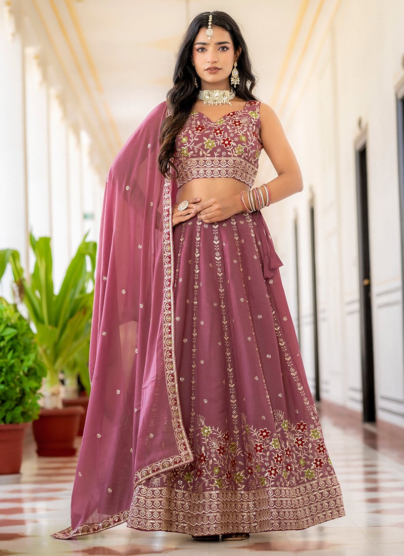 Mauve Georgette Zari Embroidered Sequins Lehenga Wedding Wear