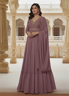 Mauve Georgette Zari Hand Embroidered Sequins A line Anarkali Suit
