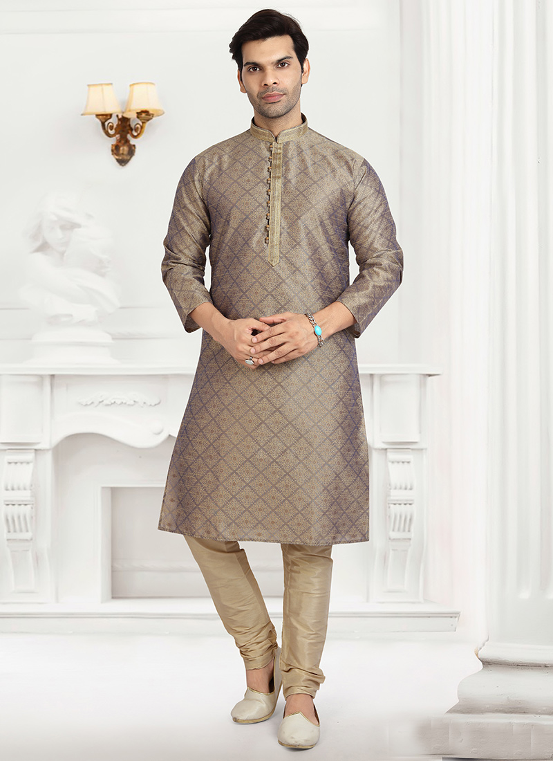 Mauve Jacquard Silk Brocade Kurta Pyjama Party Wear