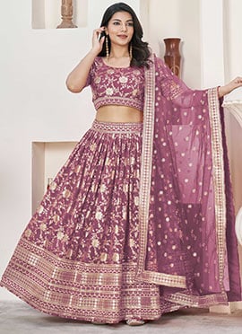 Mauve Jacquard Silk Embroidered Umbrella Lehenga
