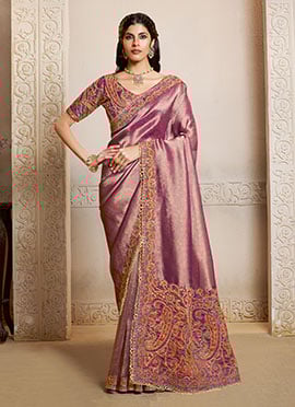 Mauve Kanjivaram Jacquard Silk Printed With Zari Hand Embroidered Sequins Saree