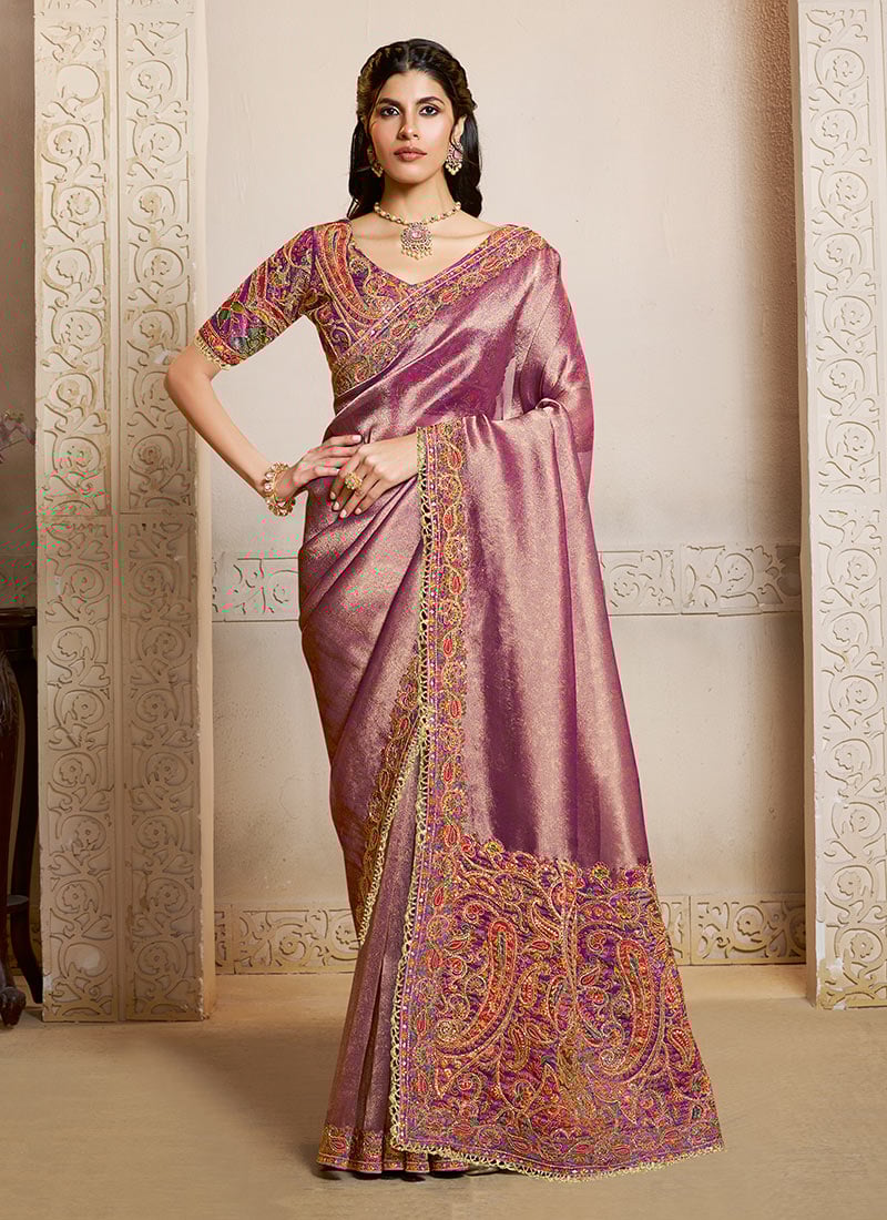 Mauve Kanjivaram Jacquard Silk Printed With Zari Hand Embroidered Sequins Saree Festive Wear