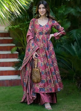 Mauve Muslin Digital Print Anarkali Suit