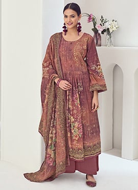 Mauve Muslin Digital Print Thread Embroidered Sequins Palazzo Suit