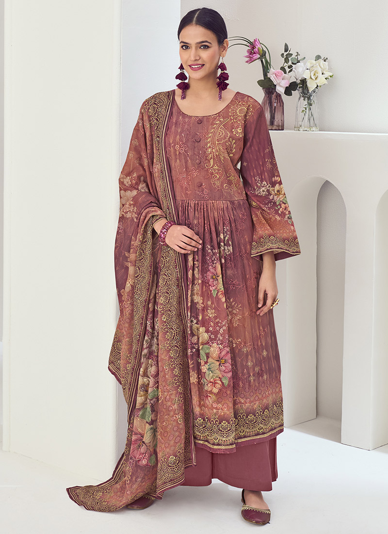 Mauve Muslin Digital Print Thread Embroidered Sequins Palazzo Suit After Six Wear
