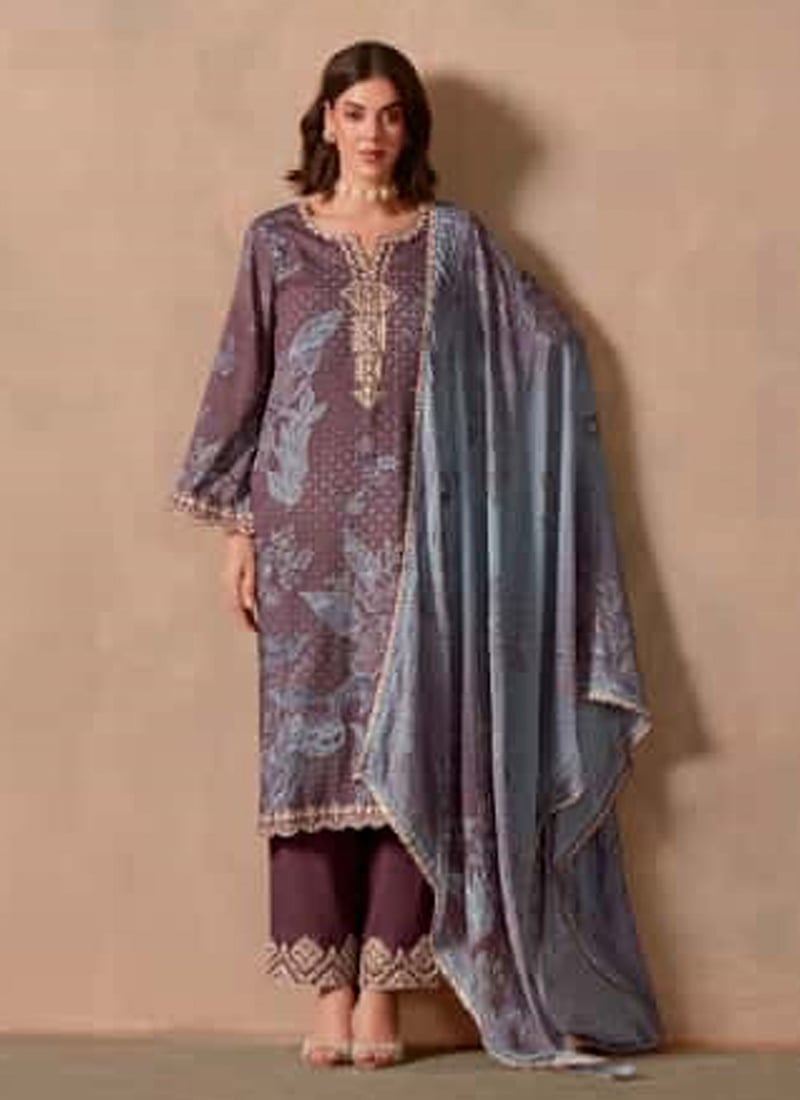 Mauve Muslin Digital Printed With Gota Work And Embroidered Straight Pant Suit Festive Wear