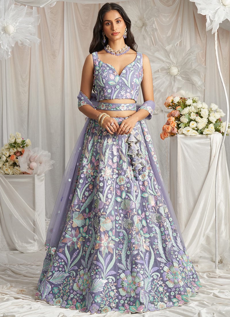 Mauve Net Cord And Cut Work Emboidered Sequins Lehenga Wedding Wear-GHSPC6058MA