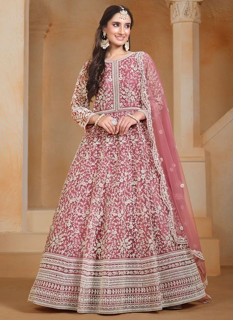 Mauve Net Embroidered A Line Anarkali Suit Festive Wear