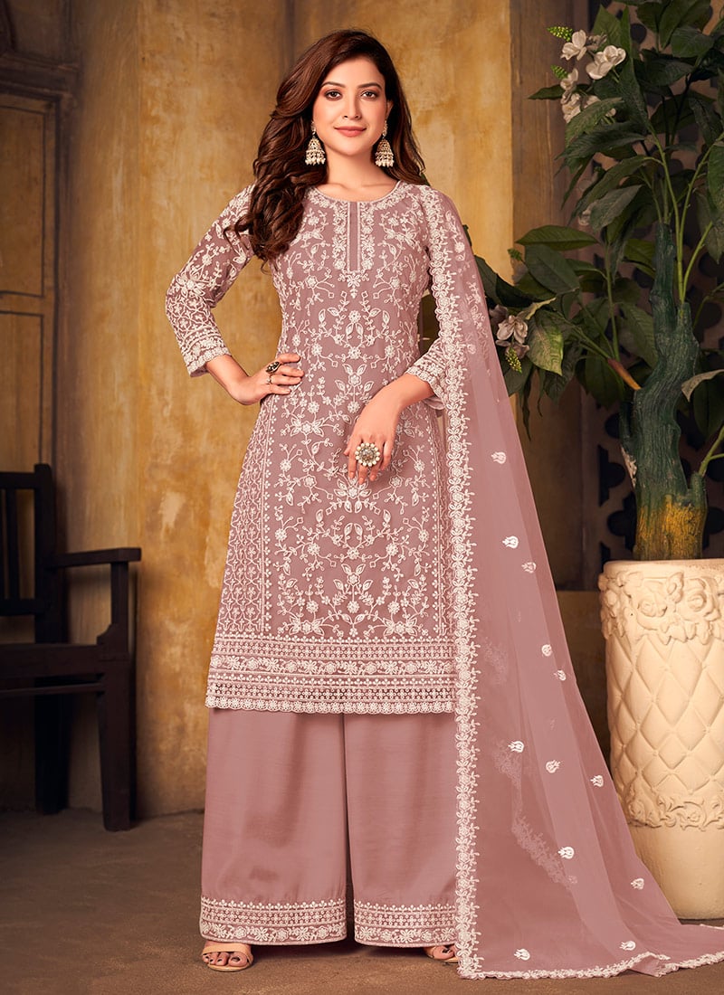 Mauve Net Embroidered Palazzo Suit Festive Wear